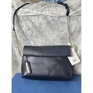 Street Level Black Faux‎ Leather Fold Over Chain Strap Crossbody Bag